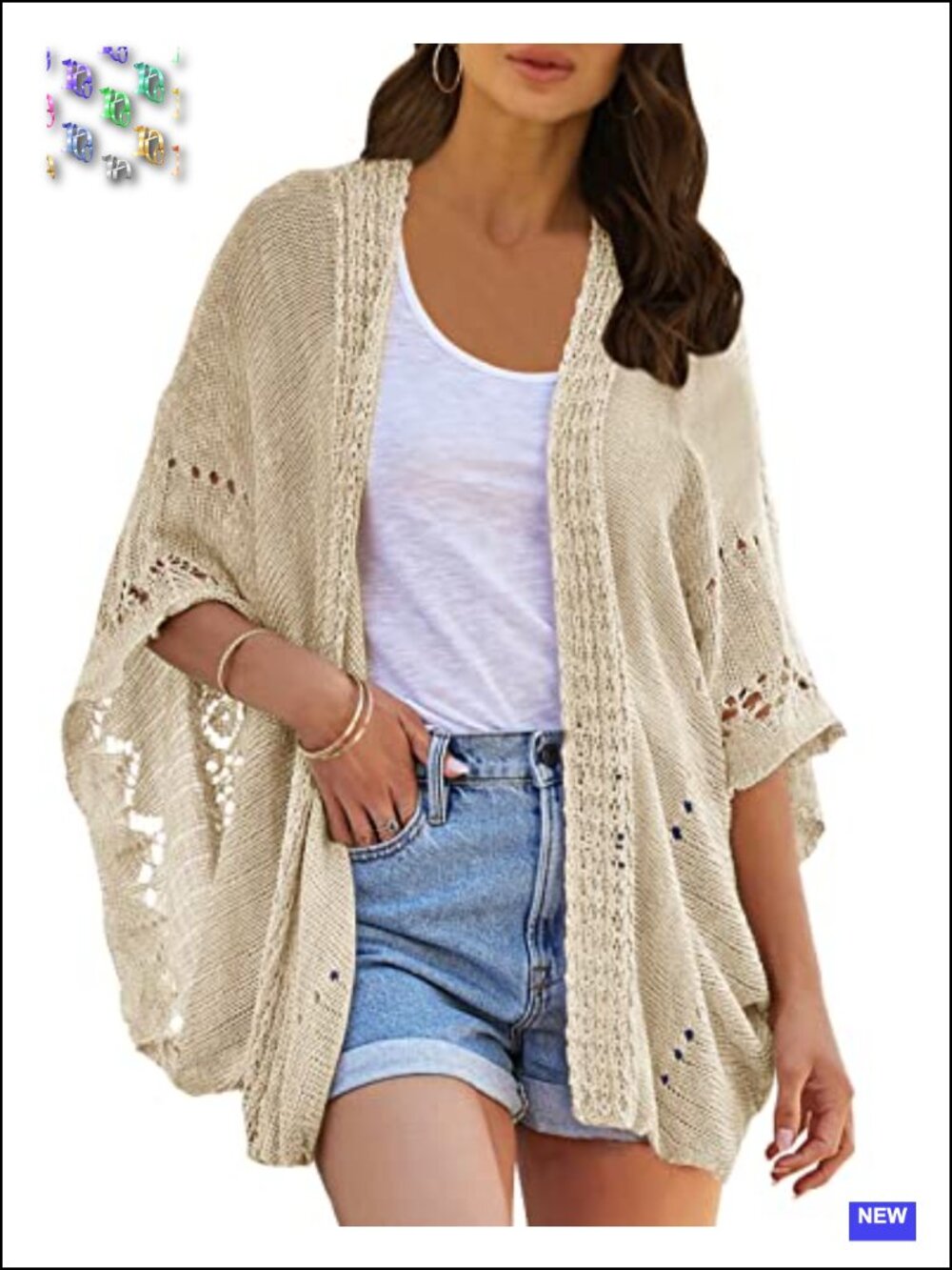 Open Front Kimono Crochet Cardigan Batwing Sleeve Lightweight Knit Sweater - Picture 1 of 6